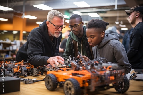 A diverse group of middle school students, guided by a senior programmer robotics lesson in a well-equipped classroom filled with technology and electric construction materials photo