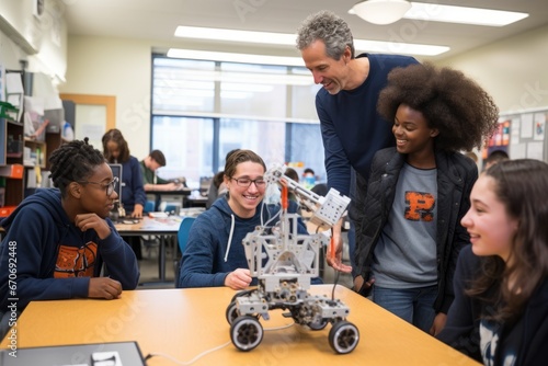 A teacher conducts a group lesson on the latest AI technology, engaging middle school students in programming and mechanics. Diversity and inclusivity are the driving forces in the classroom photo