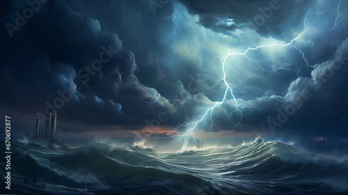 a thunderstorm at sea, towering waves, lightning illuminating the scene, electrifying atmosphere