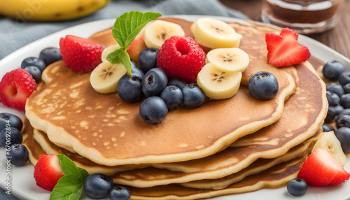 A pancake served with fresh berries, banana and mint leaves in a white plate.