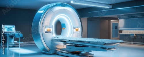 Mri or ct scan for serious medical diagnosis at modern hospital, banner panorama. Generative Ai