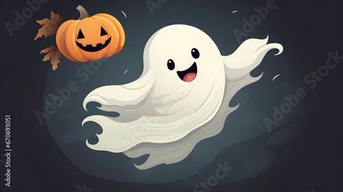 
Happy Ghost with a Floating Jack-o'-lantern on a Dark Background. Halloween-themed.