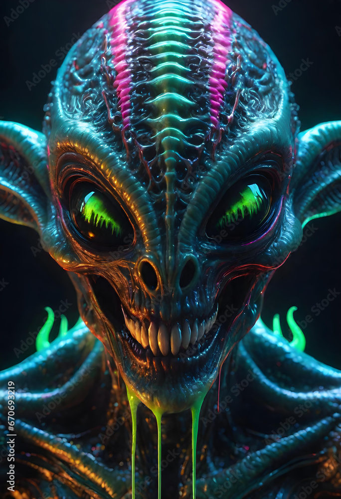 portrait of a poisoned alien demon, insane smile, intricate complexity, surreal horror, inverted neon drip paint. generative ai portrait of a poisoned alien demon, insane smile, intricate complexity, surreal horror, inverted neon drip paint. generative ai