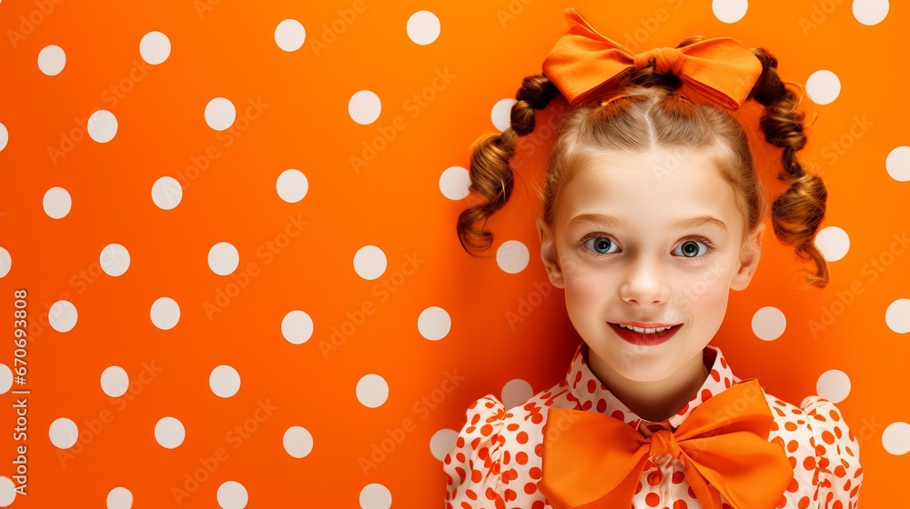 Playful Young Girl with Orange Bows and Polka Dot Dress on Vibrant Orange Background