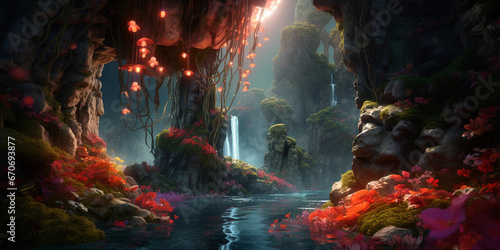 waterfall defying gravity, flowing upwards, surrounded by floating rocks and glowing flora, dream-like colors