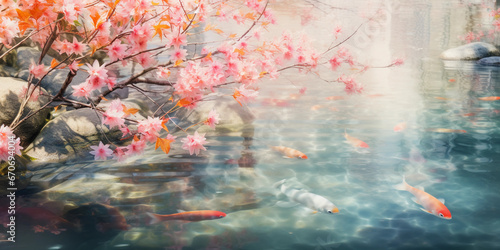 Watercolor abstraction, koi pond in a Japanese garden, fleeting and dreamy brush strokes, spring cherry blossoms