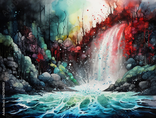 Watercolor illustration, abstract depiction of cascading waterfall with ink splatters representing the mist and droplets, handmade paper texture, vibrant hues