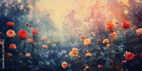 Abstract pointillism, impression of an English rose garden at dusk, subtle blend of warm and cool colors © Marco Attano