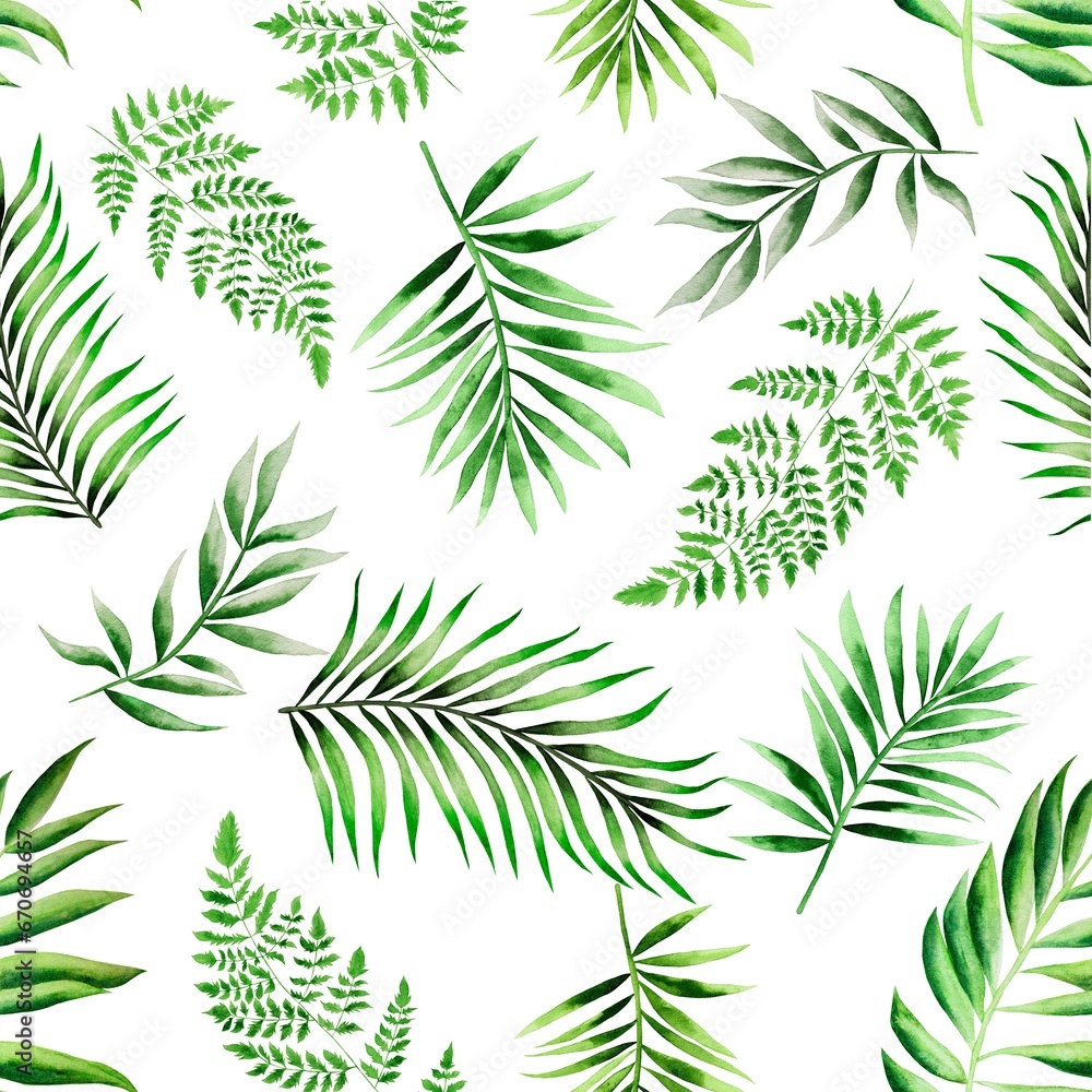 Watercolor leaves pattern, green foliages, white background, seamless
