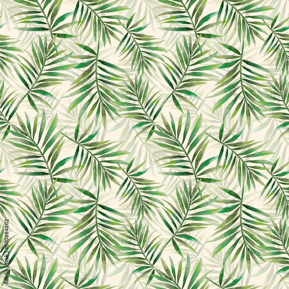 Watercolor leaves pattern, green and yellow foliage, white background, seamless