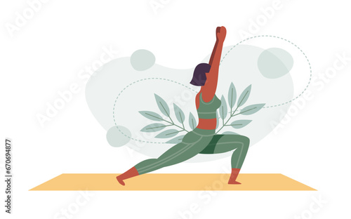 Yoga posture. Girl practising yoga. healthy Lifestyle. Colorful flat vector illustration isolated on a white background. Floral ornaments background.