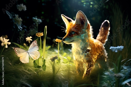 hologram projection a fox cub chasing a butterfly  photo