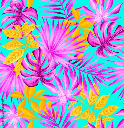 Watercolor leaves pattern,pink and yellow foliage, blue background, seamless