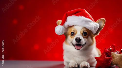 a corgi dog in a Santa hat on a red background in the studio with New Year's gifts. Space for text, banner © КРИСТИНА Игумнова