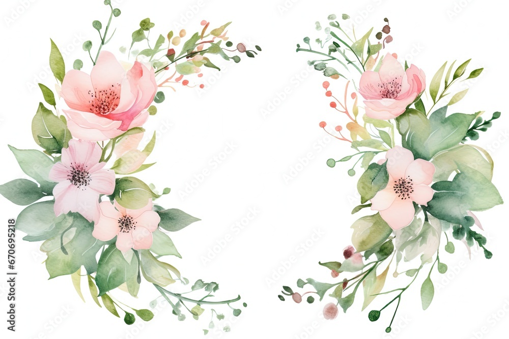 Watercolor Floral Wreaths on White Background