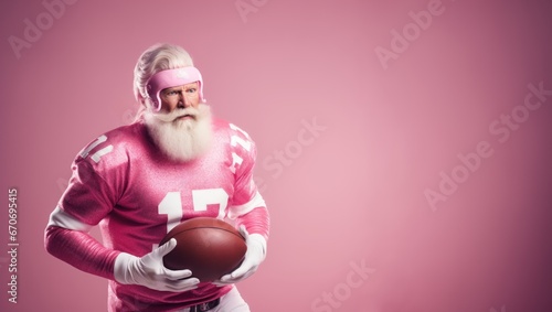 A middle-aged man,  with a long gray beard, dressed in a pink jersey, holds an American football.