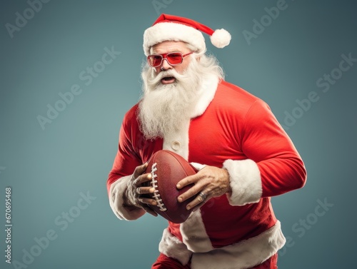 A muscular middle-aged man with a long gray beard, dressed in a Santa Claus costume, is holding a rugby ball.