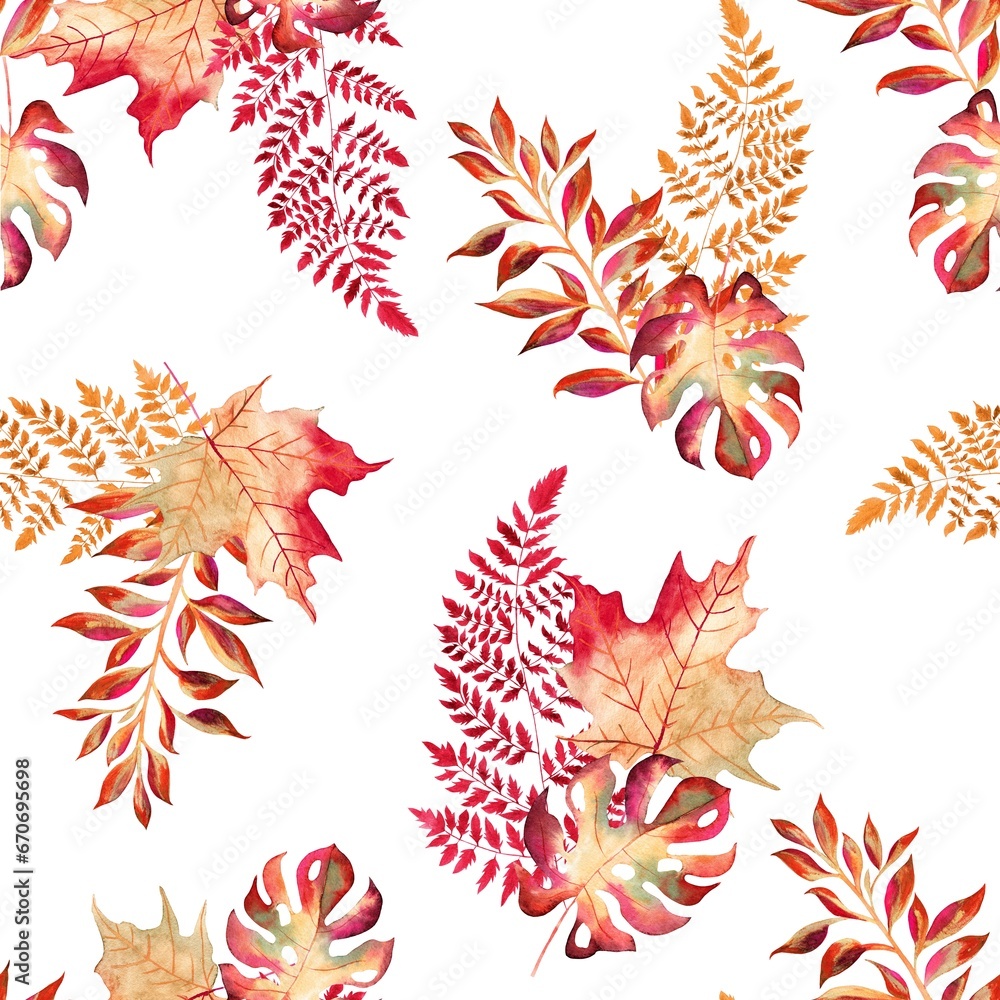Watercolor leaves pattern, red and yellow foliage, white background, seamless