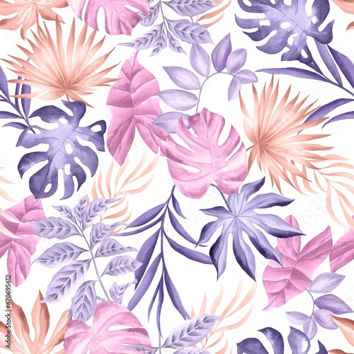 Watercolor leaves pattern  purple  pink and yellow foliage  white background  seamless