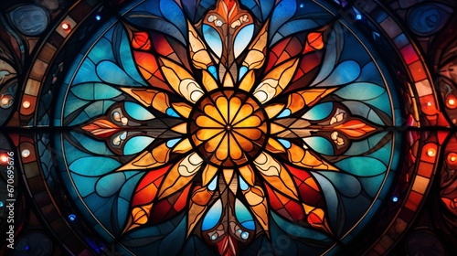 Radiant Kaleidoscope Mandala Stained Glass Window Design - Vibrant Symmetrical Pattern for Spiritual and Artistic Stock Photography photo