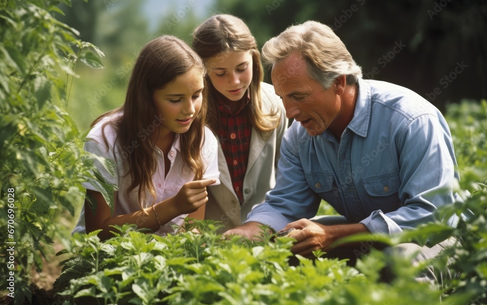 Teacher with students in agronomy looking at vegetation Teacher with students in agronomy looking at vegetation