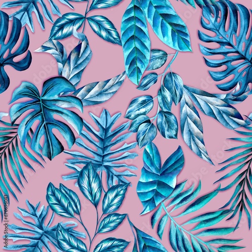 Watercolor leaves pattern, blue foliage, pink background, seamless