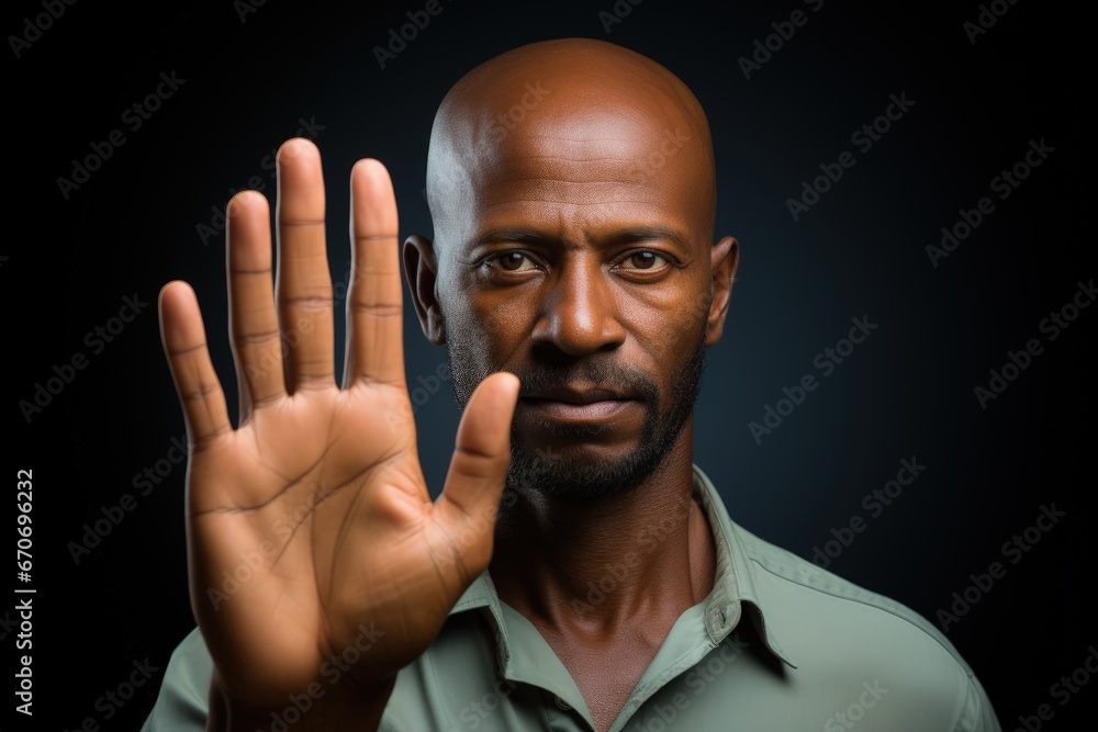 Black man making stop gesture with his hand. Generative AI Black man making stop gesture with his hand. Generative AI