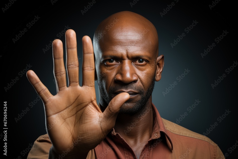 Black man making stop gesture with his hand. Generative AI Black man making stop gesture with his hand. Generative AI