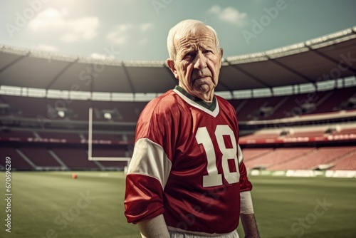Elderly man football player, stadium in the background. Generative AI