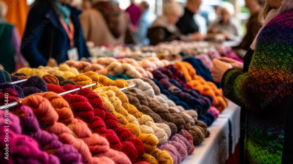 Fototapeta premium Cozy sweaters and handmade knitwear on display for sale at a local farmers market and craft show