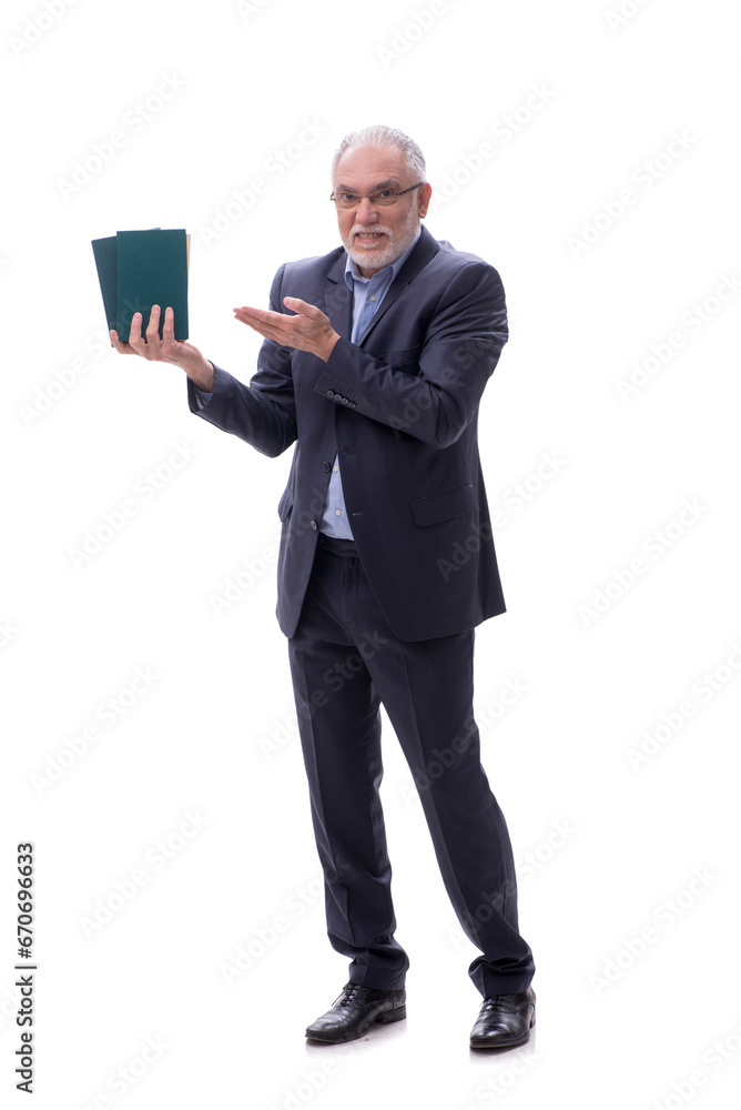 Old businessman holding books isolated on white Old businessman holding books isolated on white