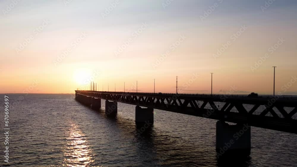 flying over oresunds bridge in evening flying over oresunds bridge in evening