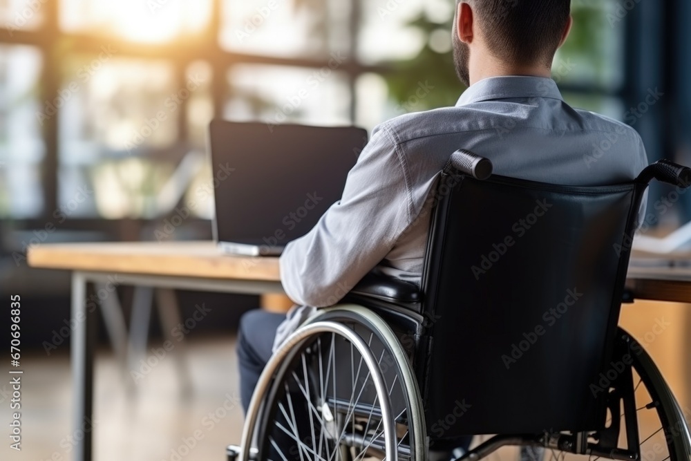 Businessman in front of laptop working in a wheelchair. Generative AI