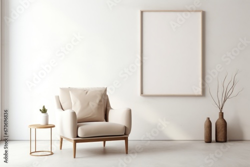 armchair in a room, interior mockup, living room mock-up, modern beige room mock up, empty wall mock-up, blank wall mockup, cosy chair mockup © Anastasia YU