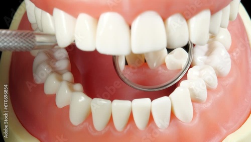 Patient at a Dentist Appointment in a Dental Clinic. View from Inside the Dental Jaw. Tooth Model and Treatment Equipment Dental Mirror on Background. Dental Care and Examined Healthy Teeth photo