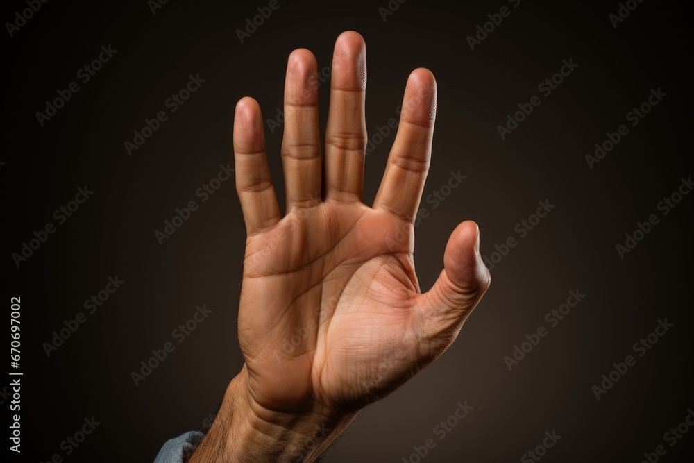 Open hand making stop gesture, black background. Generative AI Open hand making stop gesture, black background. Generative AI