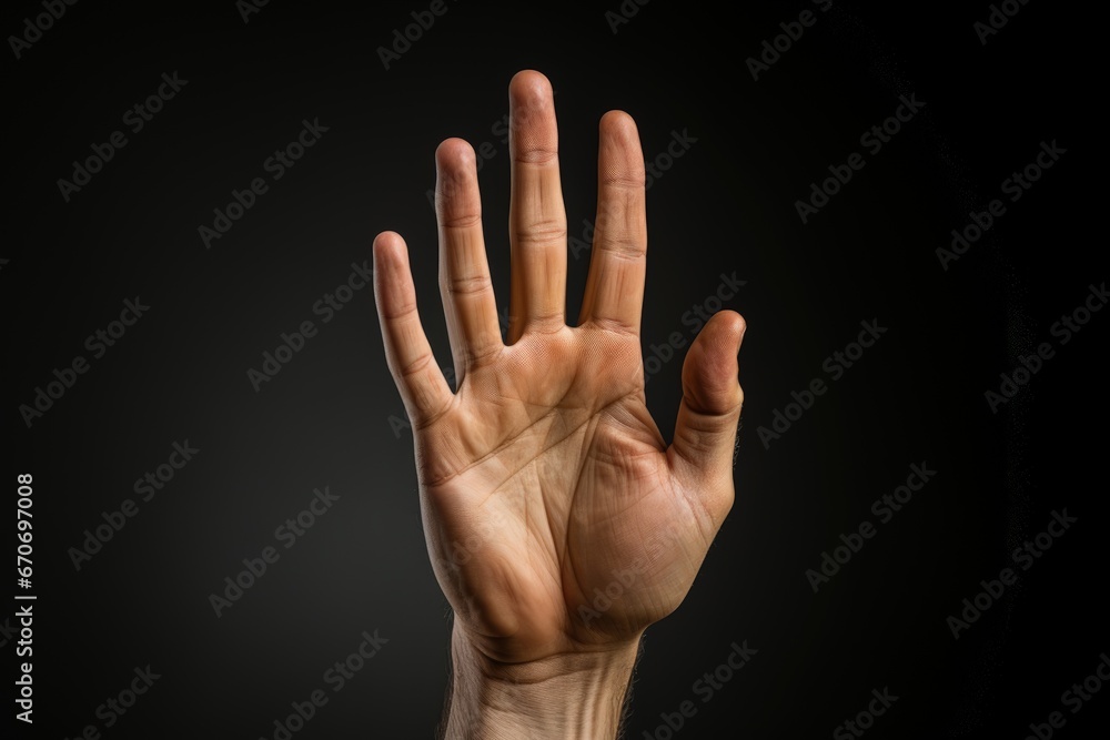Open hand making stop gesture, black background. Generative AI Open hand making stop gesture, black background. Generative AI