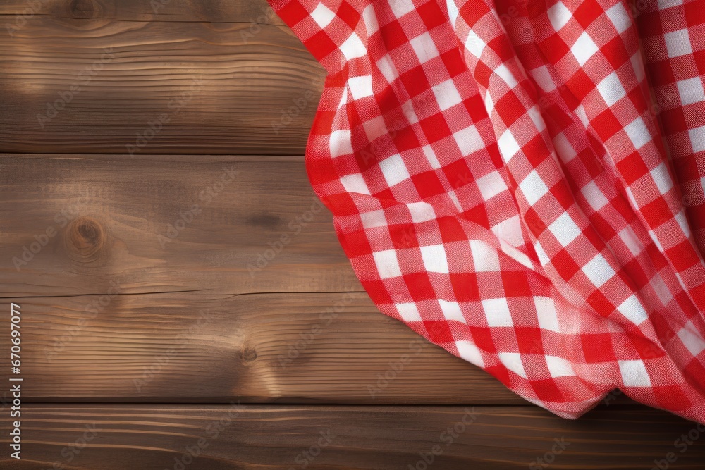 Red and white checkered table cloth on wooden table. Generative AI Red and white checkered table cloth on wooden table. Generative AI