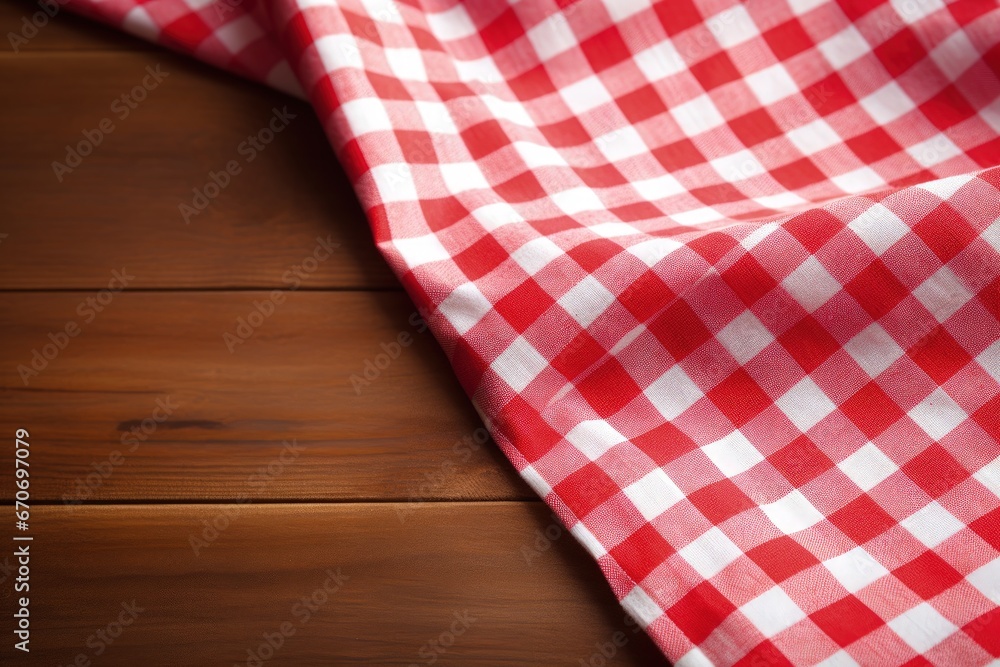 Red and white checkered table cloth on wooden table. Generative AI Red and white checkered table cloth on wooden table. Generative AI