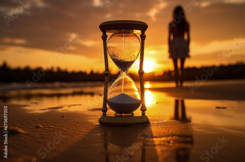 Landscape with golden hourglass on the beach sand, concept of life time and freedom. Generative AI photo