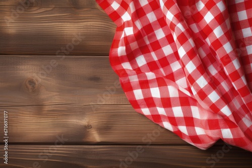 Red and white checkered table cloth on wooden table. Generative AI