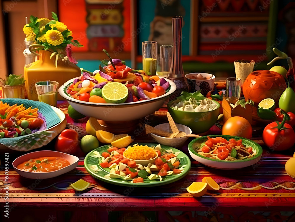 Colorful bright table with lots of food. High quality