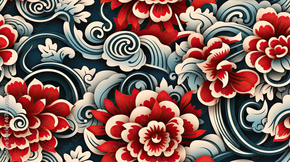  a close up of a red and white flower pattern on a blue and white background with swirls and waves.  generative ai