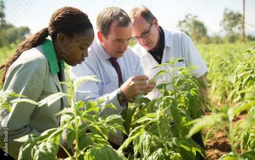 Teacher with students in agronomy looking at vegetation photo