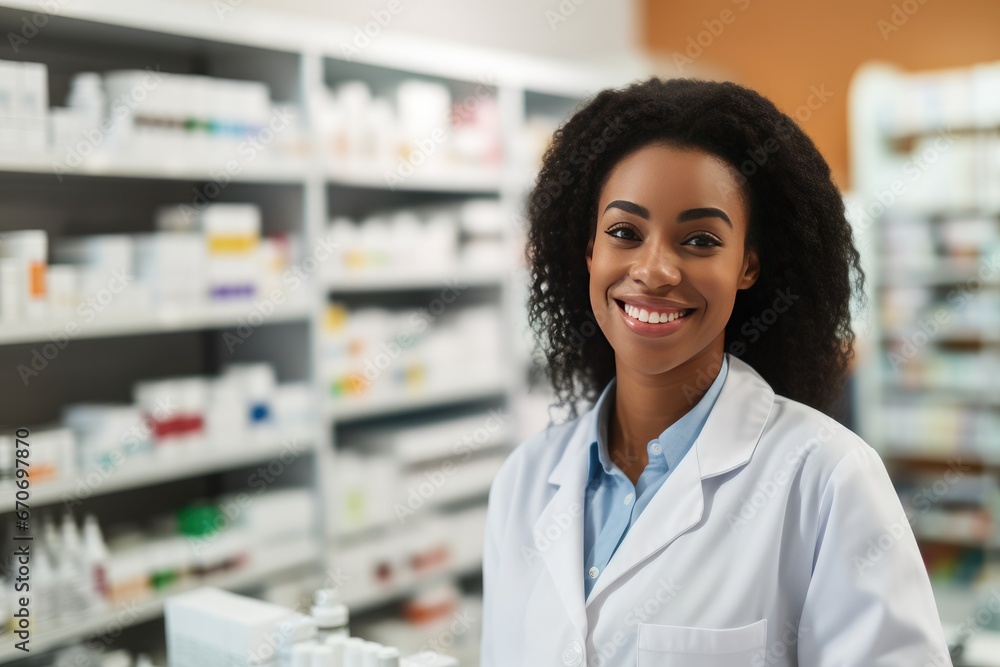 Proffesional handsome and pretty pharmacist portrait at pharmacy work with pills. Generative Ai. Proffesional handsome and pretty pharmacist portrait at pharmacy work with pills. Generative Ai.