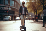 Modern businessman riding electric scooter while commuting to work in city.