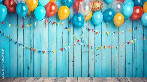 A birthday banner with balloons and streamers on a blue background with a wooden wall and a blue backdrop