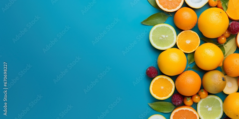 Blue background with yellow and orange oranges, lemons, tangerines laid out on it. Space for text, banner, flyer, card