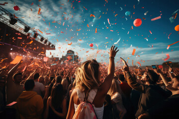 Party people enjoy concert at a outdoor summer festival