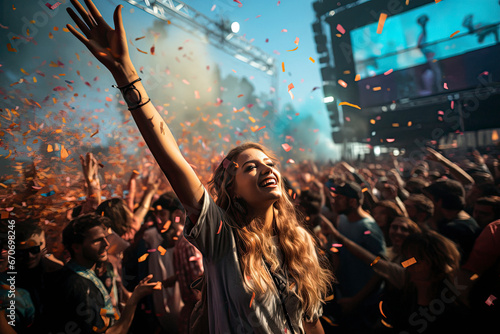 Party people enjoy concert at a outdoor summer festival photo